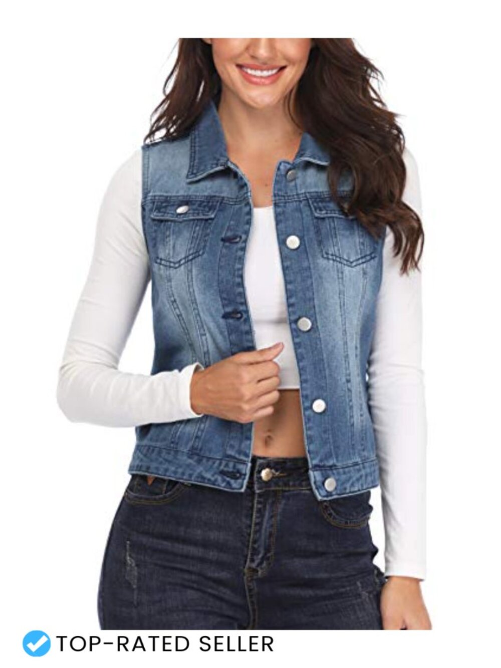 Women's Denim Vest Cropped Sleeveless Jean Jacket with Flap Pockets